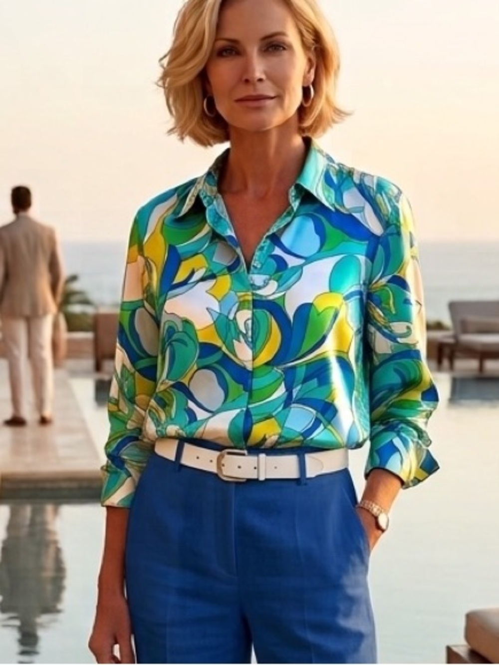 Boston Proper Silk-Look Satin Blouse Medium Psychedelic Abstract Palm Beach 8